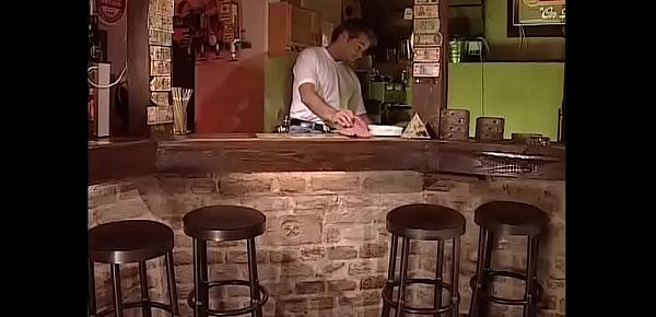  A sexy customer fucked by the bartender and his friend